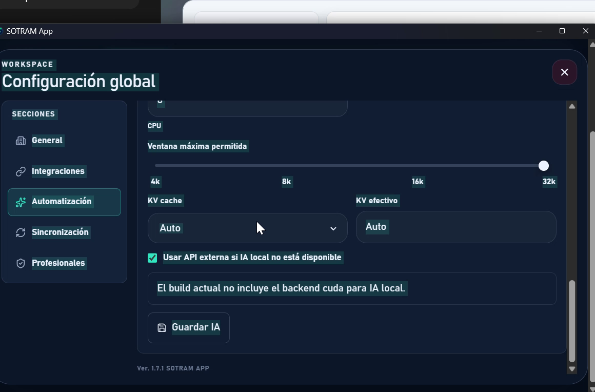 Interfaz real de configuración de IA local en SotRam Office